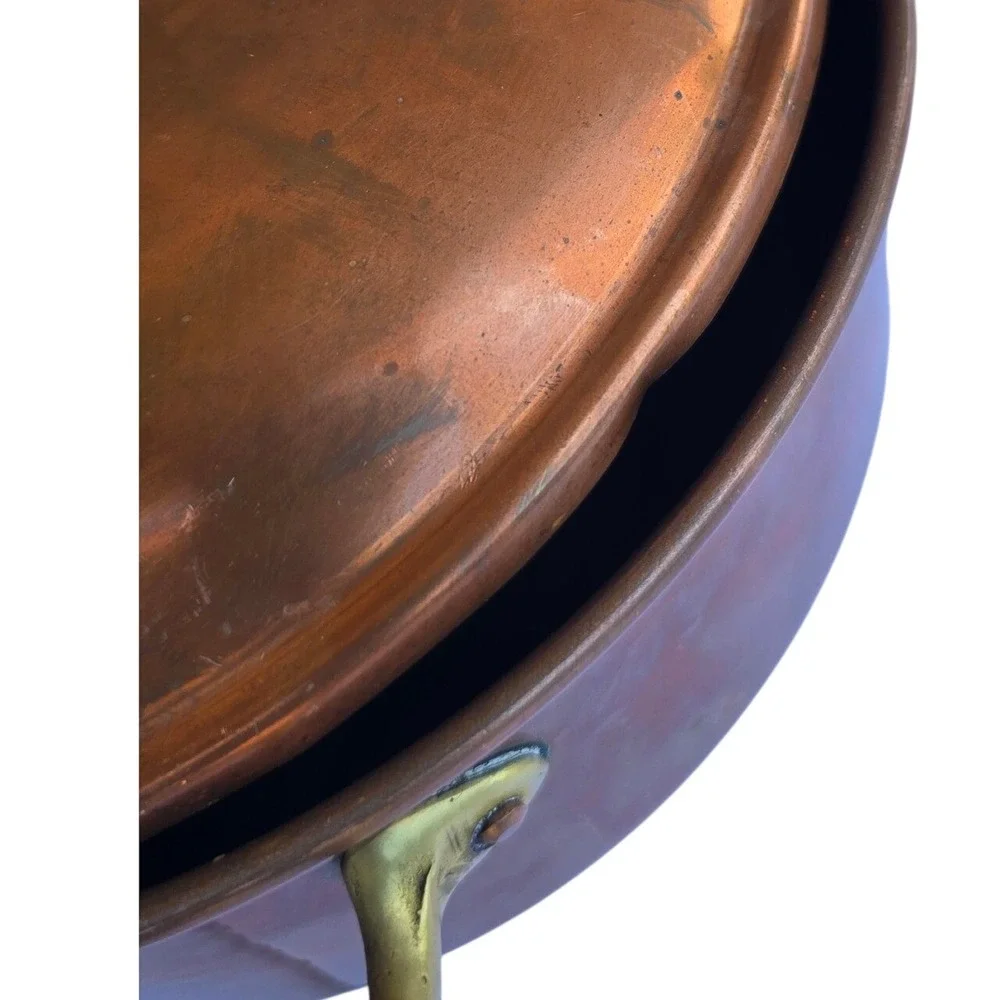 Henry Roessle & Son NY Antique Copper Casserole Pan Tin Lined Brass Handles Lid
